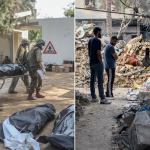 左圖：以色列軍隊在與伊斯蘭教哈馬斯武裝分子作戰時造成的傷亡。右圖：以色列空襲加薩後的狼藉。