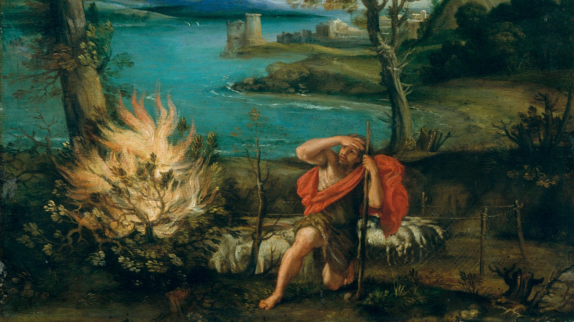 Landscape with Moses and the Burning Bush, by Domenico Zampieri. Date:1610–16.