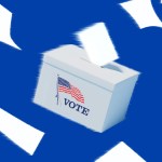 A ballot box with voting papers falling all around it