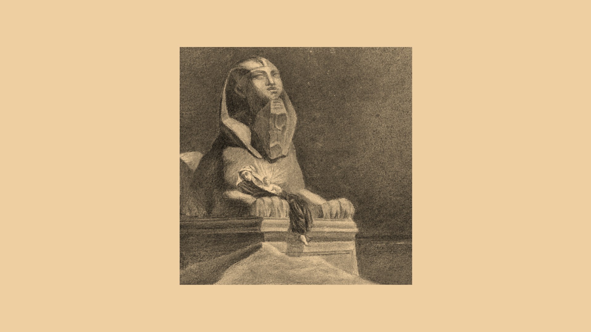 Mary and Baby Jesus sitting on an Egyptian sphinx statue