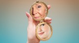 A woman looking at her young and old reflection in the mirror