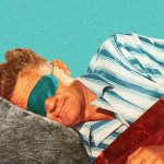 A man sleeping with a rock for a pillow