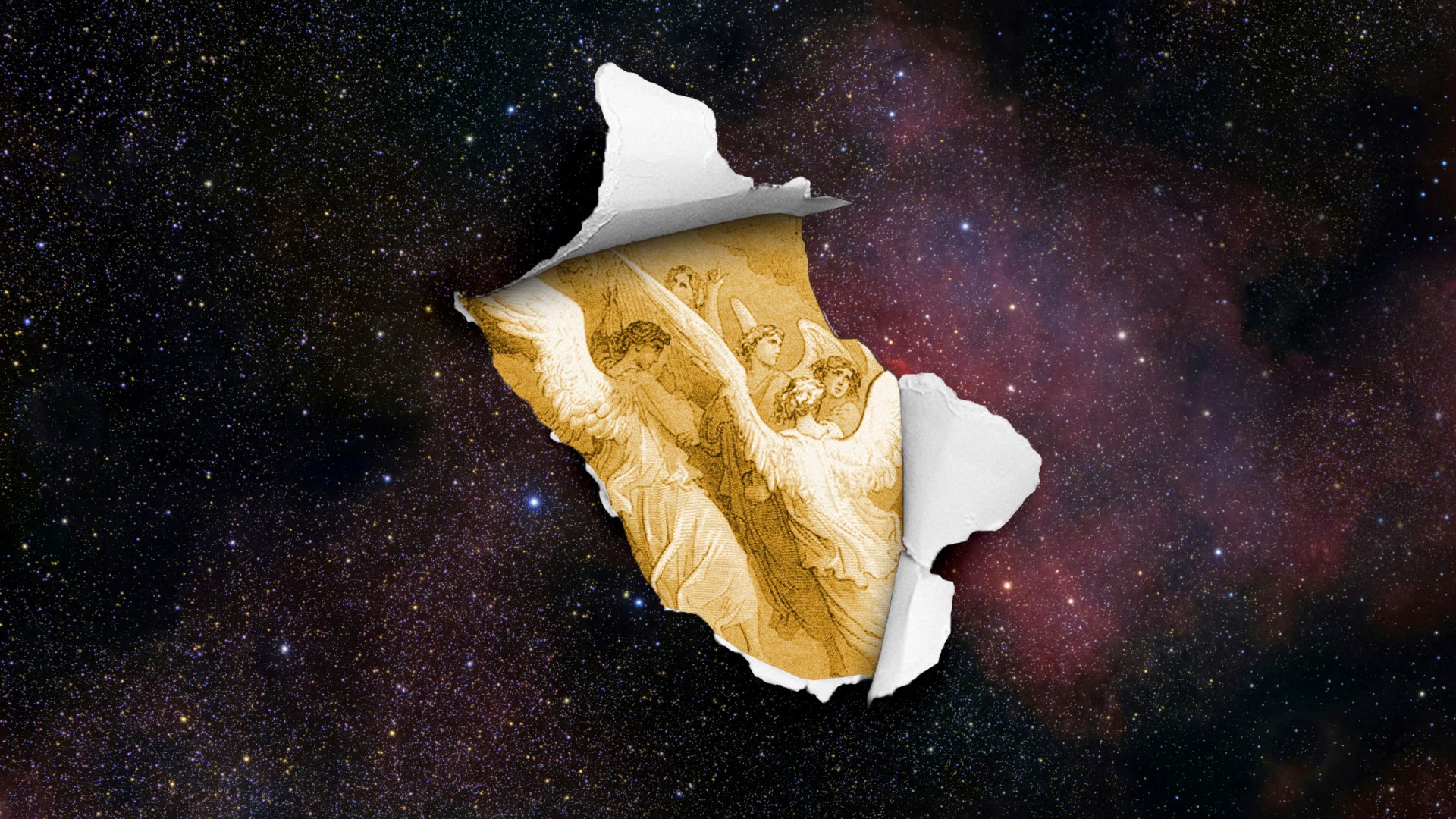 An image of outer space getting torn away to reveal angels and heaven.