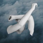 A cutout image of a woman shielding her face with dark clouds in the background.