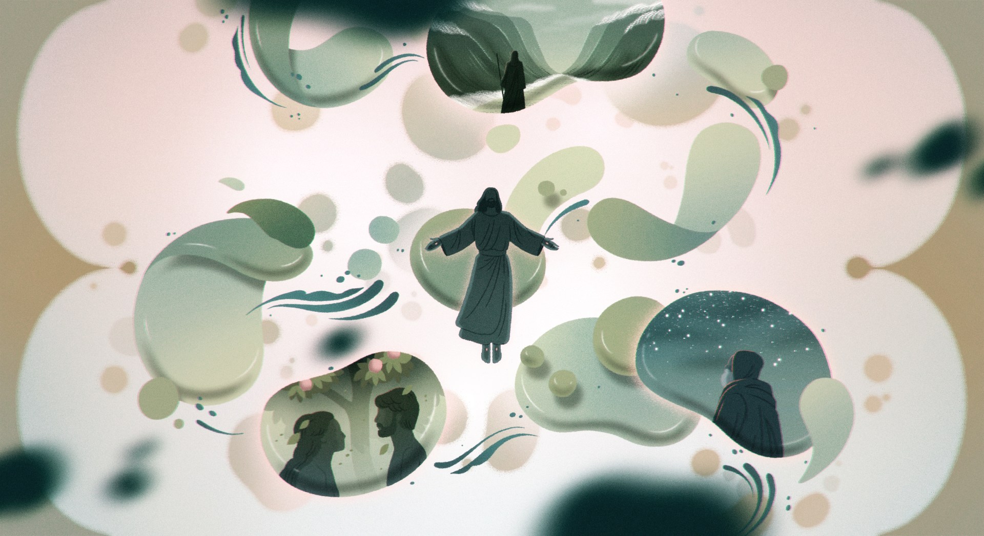 An illustration featuring Jesus in the center of a field of bubbles, each depicting a different story from the Bible.