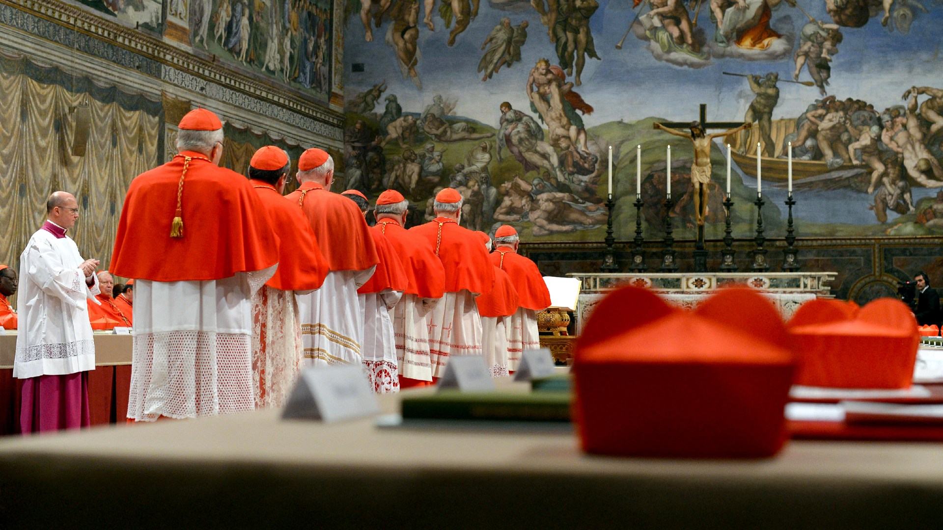 Cardinals in the Sistine Chapel at the Vatican on the first day of the conclave.