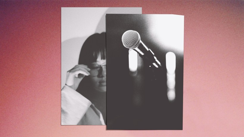 Woman and microphone on a pink background