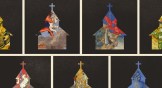 Churches with different scenes of Revelation in them on a black background