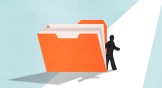 A figure walking out of a folder into the light.