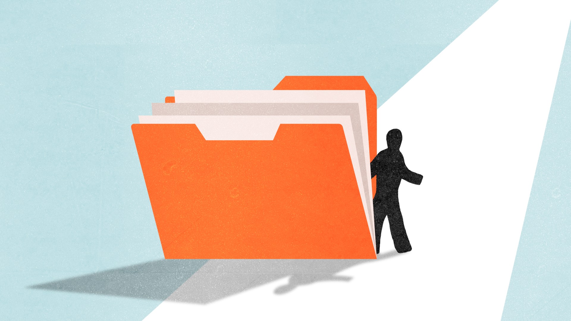 A figure walking out of a folder into the light.