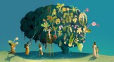 Several diverse people tending a brain that is in the form of a tree.