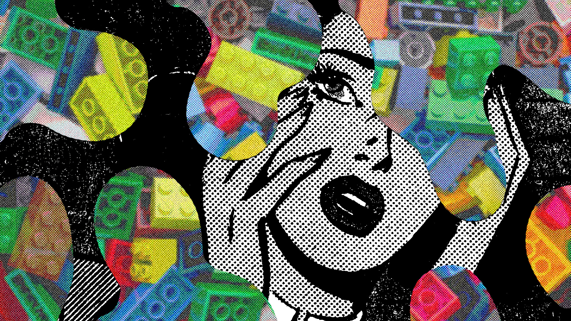 Pop art cartoon woman in distress with dripping legos overwhelming her.