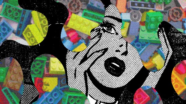 Pop art cartoon woman in distress with dripping legos overwhelming her.