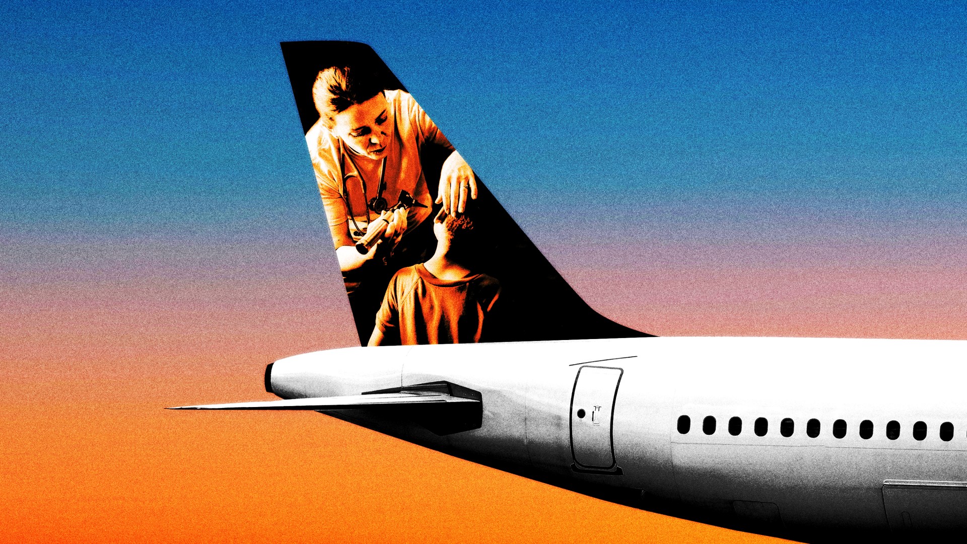 A photo of a woman helping a child on the tail of an airplane