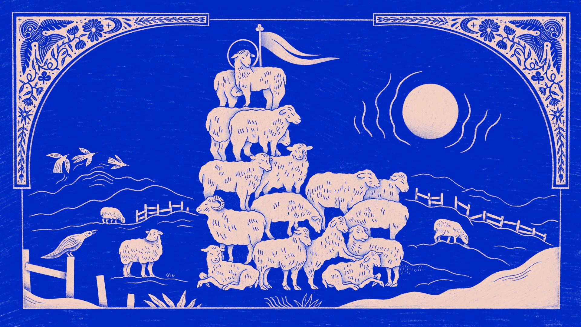 Sheep making the shape of a church