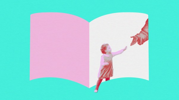 A child stepping into a book reaching for Jesus' hand