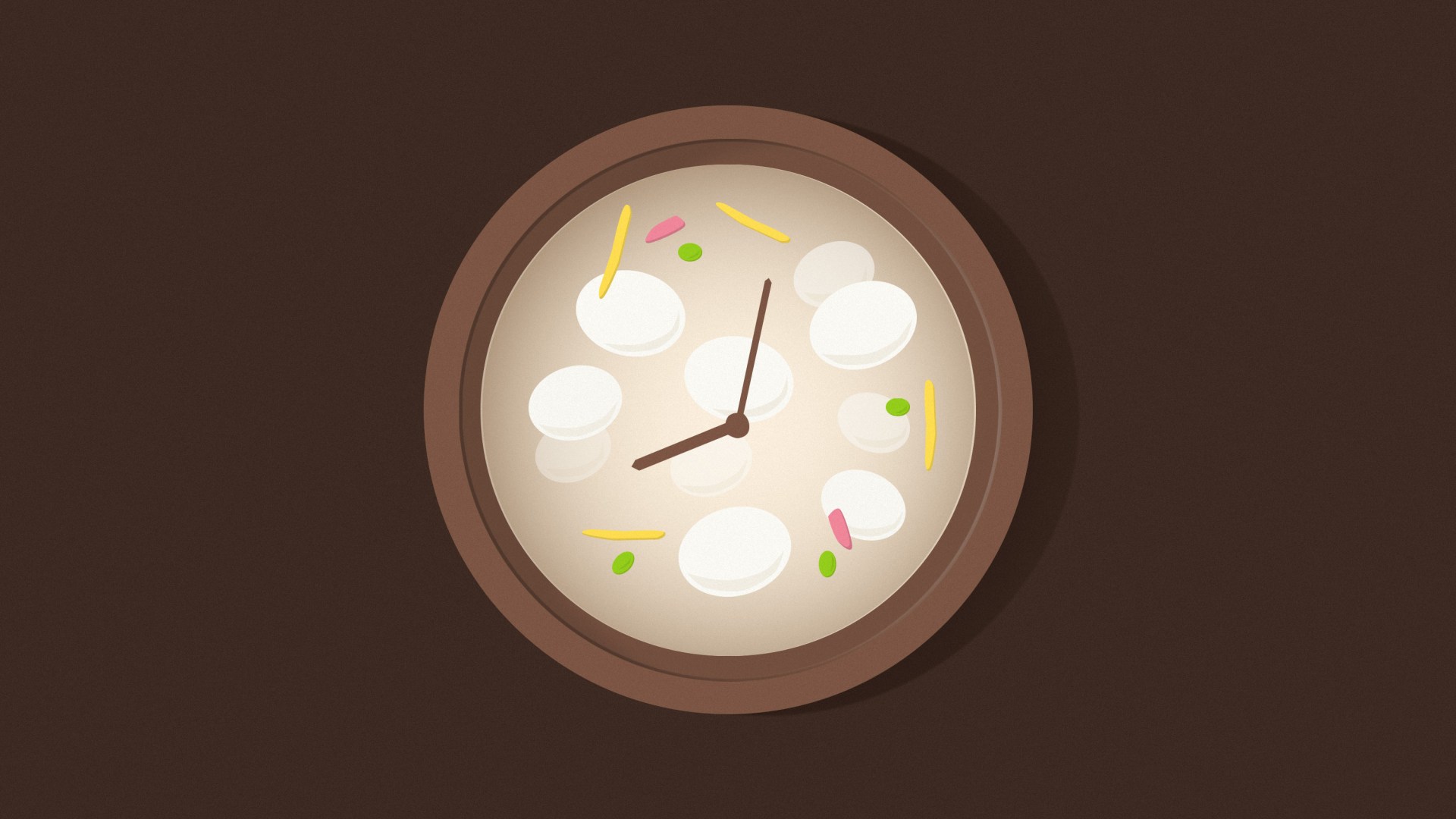 A clock face in a bowl of Tteokguk soup.