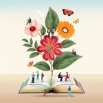 一本敞開的書里長出繁花盛開的枝條；書頁之間彷彿延展成一方天地，人們在其中相聚、對話、閱讀。