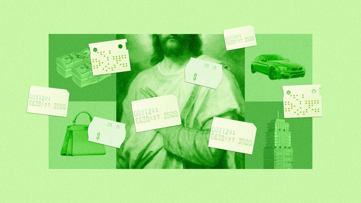 耶穌、價格標籤與物質商品的拼貼畫。