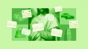 耶穌、價格標籤與物質商品的拼貼畫。